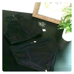 NWT black high waisted lace halter top swim set